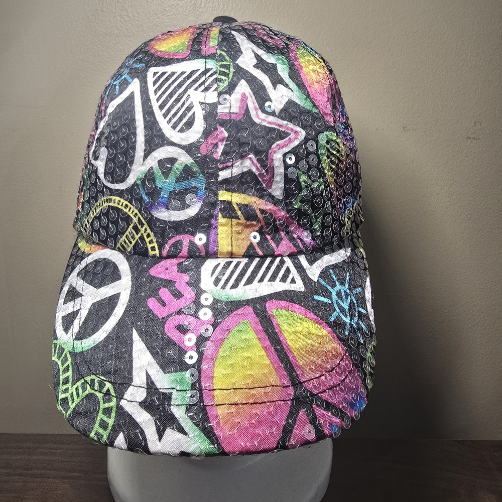 Y2K Justice Girl's Peace Love Rainbow Sequin Hat Graffiti Print Adjustable Cap - Picture 2 of 8